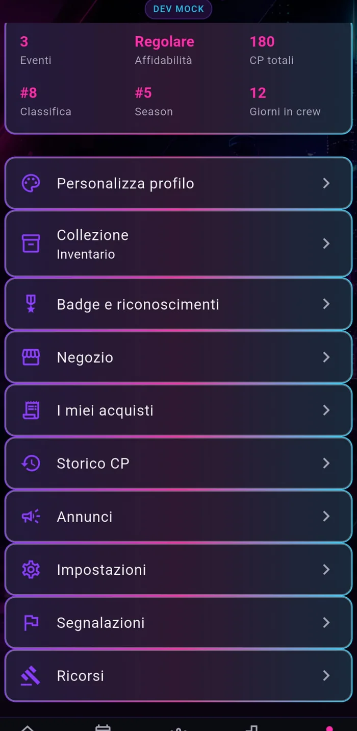 Menu Crew101 per personalizzazione, store e gestione account
